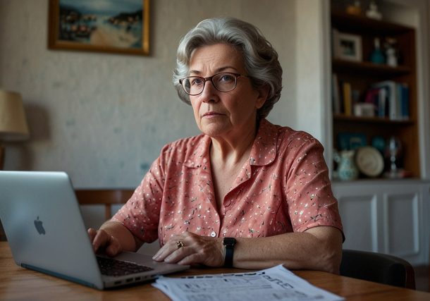 A stressed British expat reviews pension documents at a desk with a laptop, surrounded by a sunny Algarve backdrop.