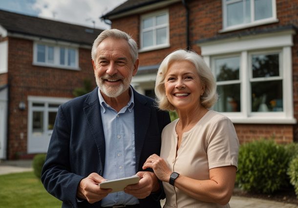 Illustration of elderly couple discussing equity release options at home, highlighting strategic retirement planning and financial truths about lifetime mortgages.