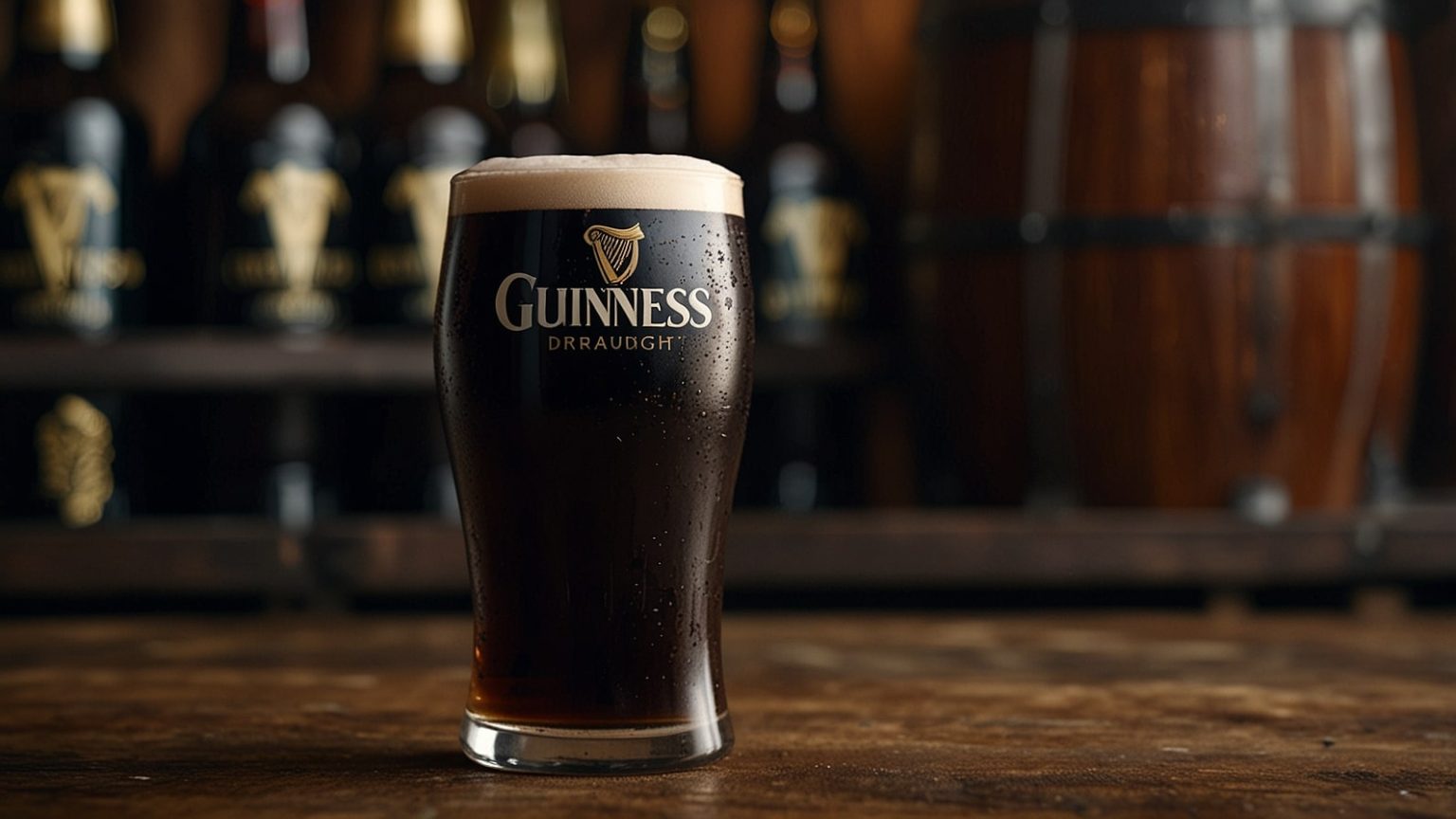 A frothy pint of Guinness beer sits on a wooden pub table, showcasing its iconic dark body and creamy white head under soft lighting.