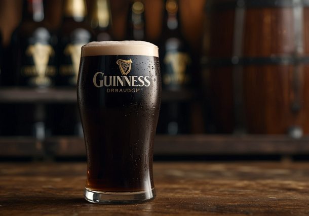A frothy pint of Guinness beer sits on a wooden pub table, showcasing its iconic dark body and creamy white head under soft lighting.