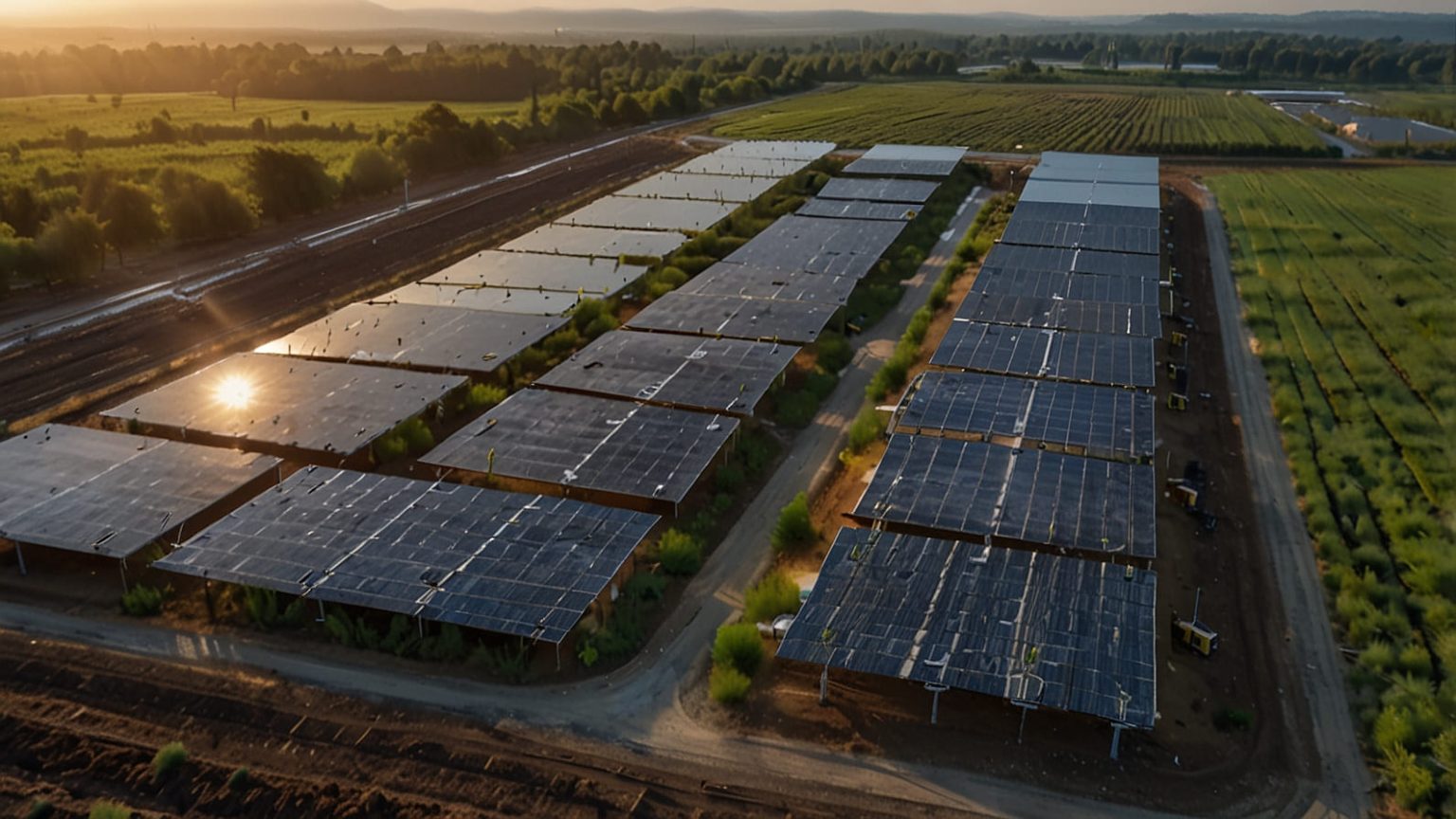 A vibrant solar farm under a clear sky, surrounded by Walmart stores with recycling bins, representing the retailer’s $2.3 billion commitment to renewable energy and circular economy practices.