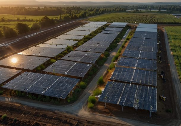 A vibrant solar farm under a clear sky, surrounded by Walmart stores with recycling bins, representing the retailer’s $2.3 billion commitment to renewable energy and circular economy practices.