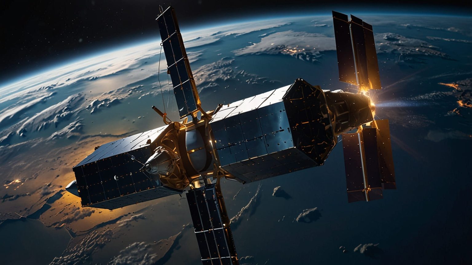 A cluster of SpaceX Starlink satellites orbiting Earth, illuminated against a starry backdrop, symbolizing the $17 billion EchoStar spectrum acquisition for global 5G connectivity.