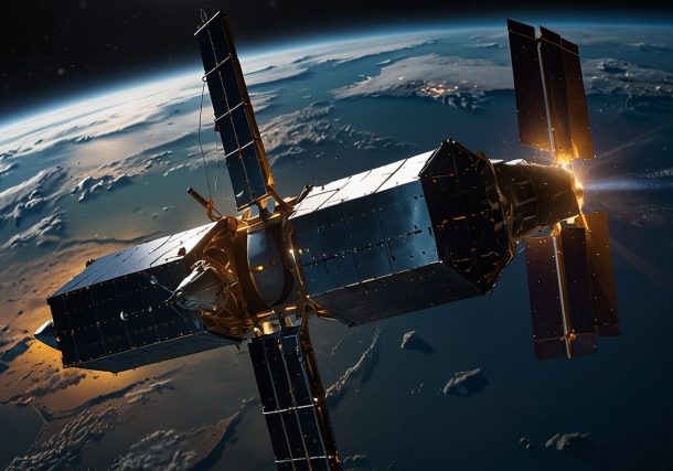 A cluster of SpaceX Starlink satellites orbiting Earth, illuminated against a starry backdrop, symbolizing the $17 billion EchoStar spectrum acquisition for global 5G connectivity.