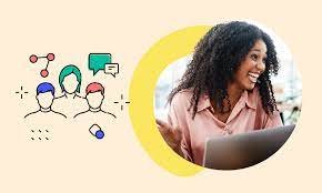 Smiling woman working on a laptop next to connected audience icons