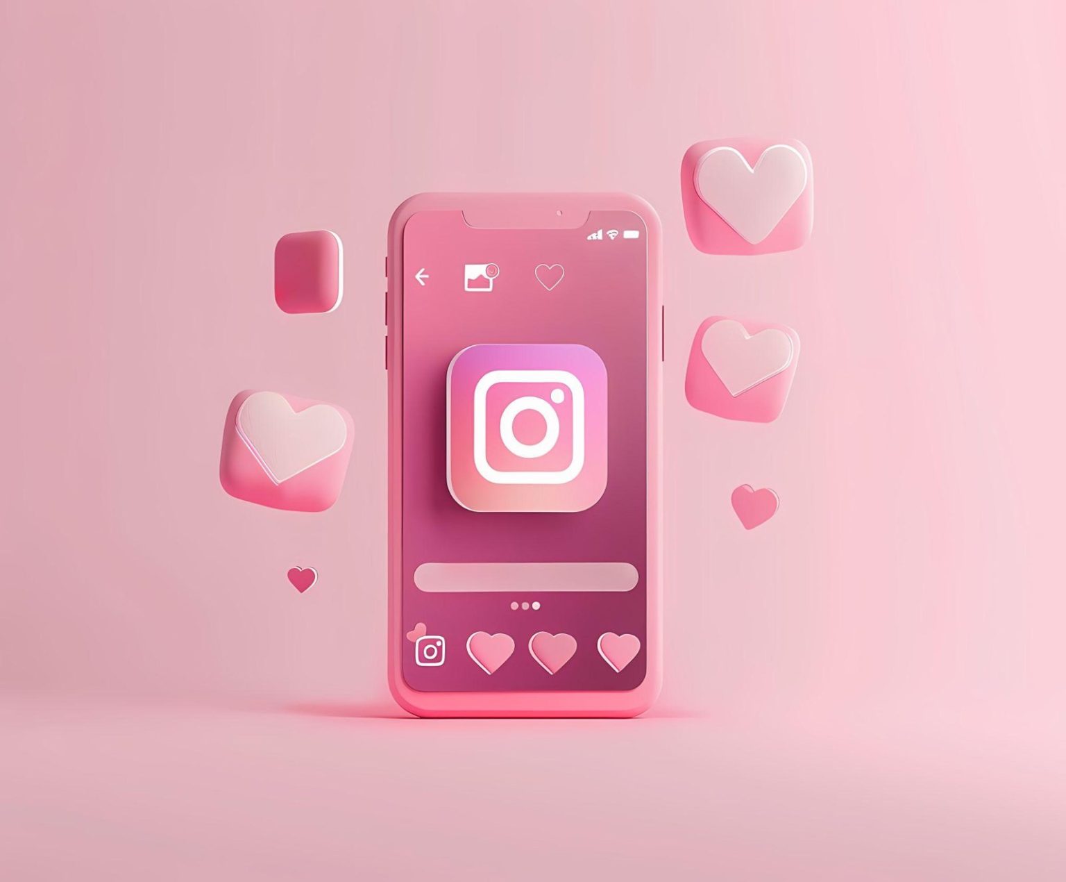 How to Design a High-Performing Instagram Profile Layout Smartphone showing a pink Instagram profile surrounded by floating heart icons