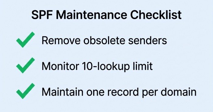 SPF maintenance checklist: remove obsolete senders, monitor the 10-lookup limit, maintain one record per domain