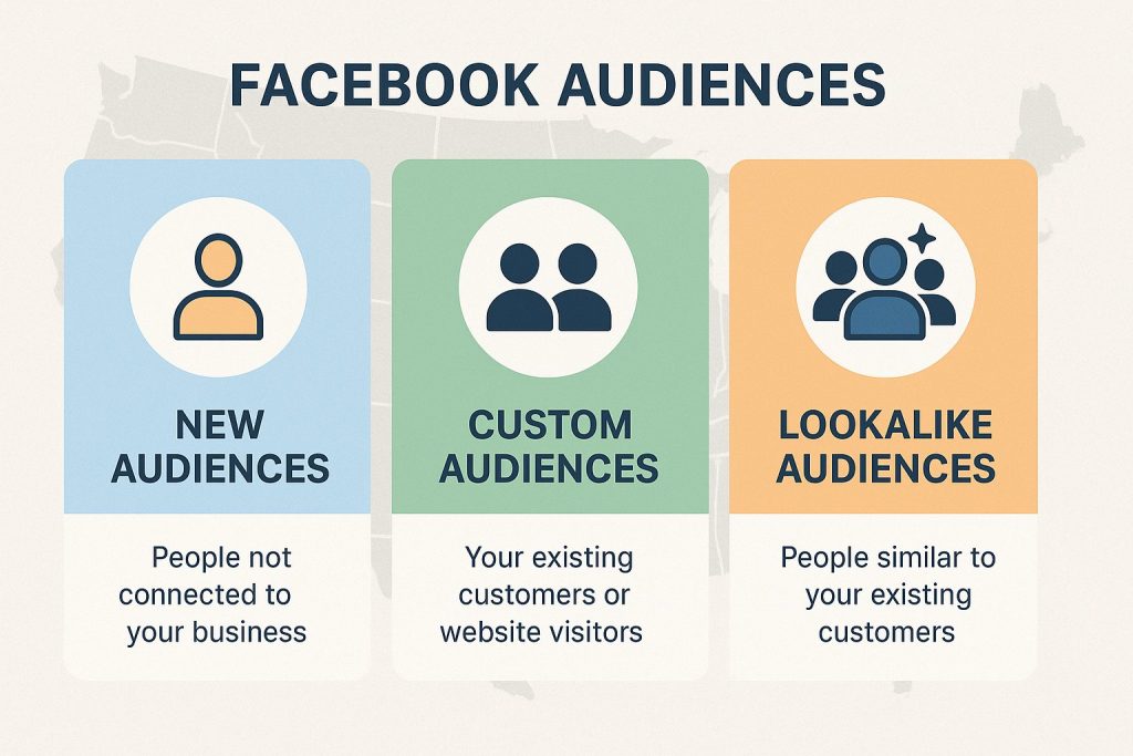 The Overlooked Power of Facebook Shares in Reaching New Audiences Graphic explaining new, custom and lookalike Facebook audiences