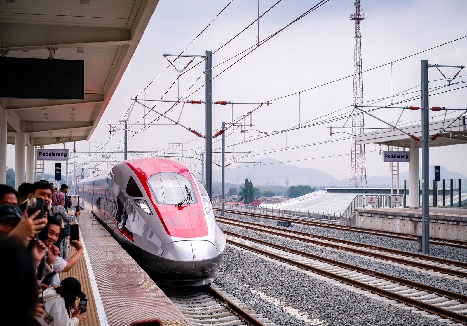 A high-speed train arriving at Padalarang Station in Indonesia
