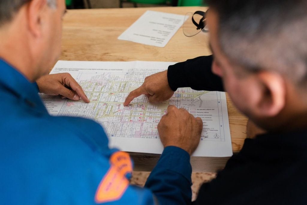 Two security staff reviewing a building floor plan together